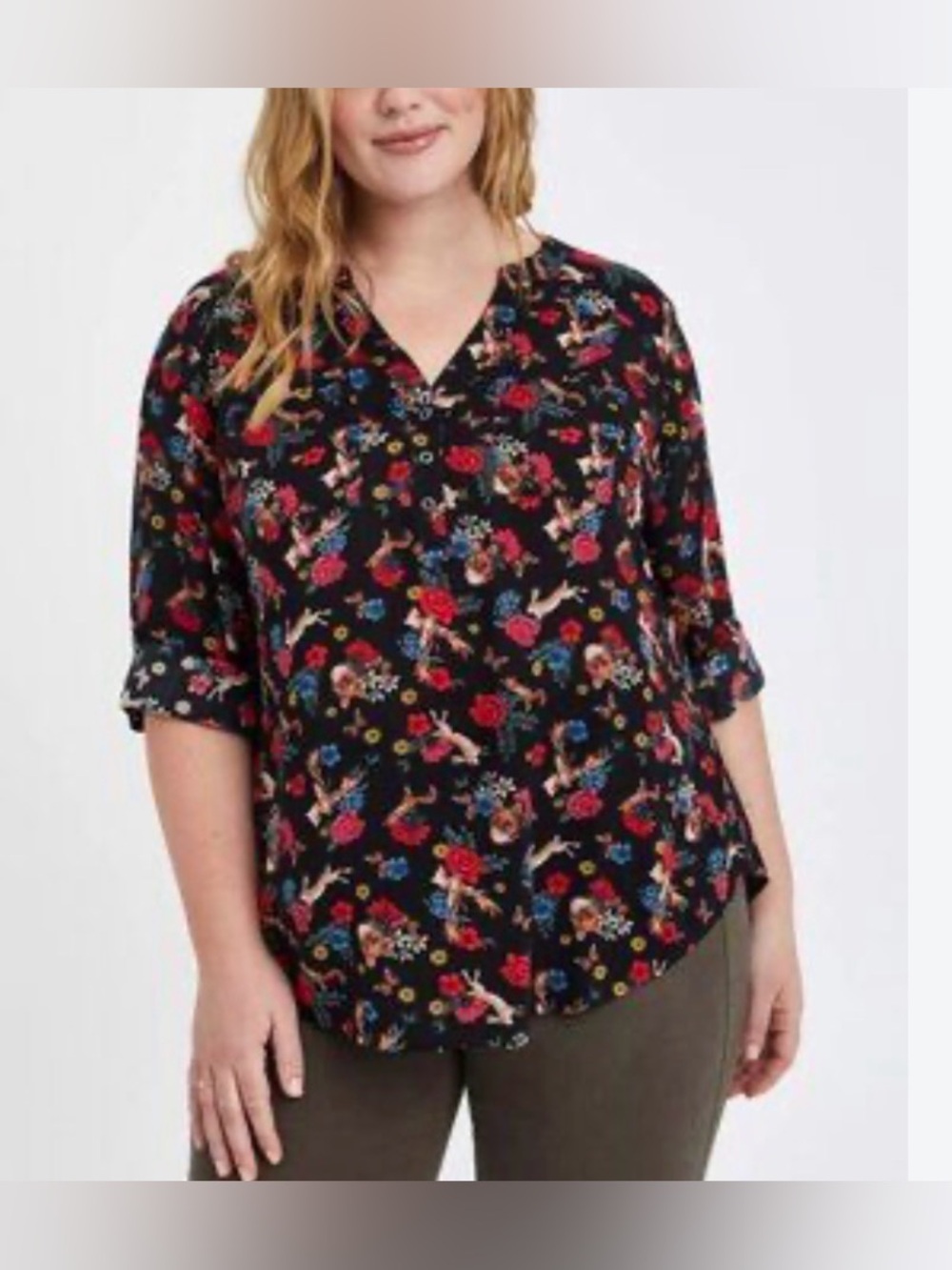 torrid Black Floral V-Neck Roll-Tab Sleeve Blouse